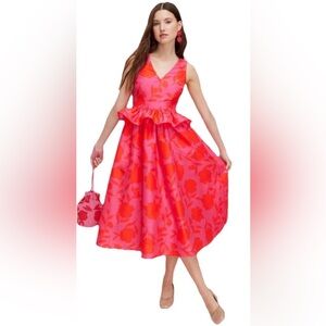 KATE SPADE New York Target Rose Peplum Pink Red  Lined Midi Dress, Pockets Sz 8